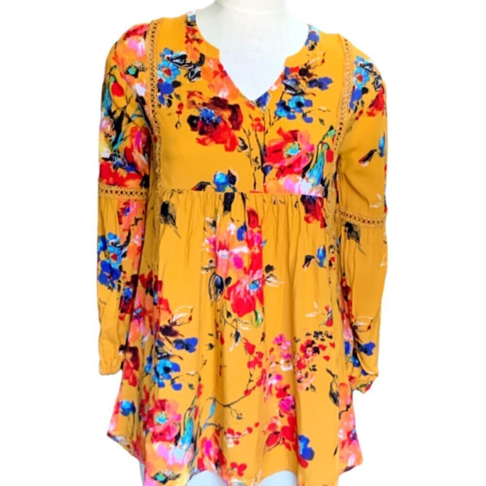 JODIFL Floral Hi-Low Tunic Top BOHO Peasant Ladder‎ Lace Accent S 48C